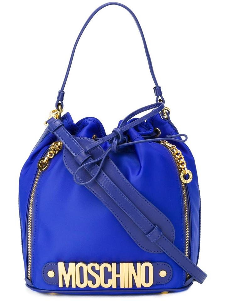 Moschino Logo Plaque Bucket Tote, Women's, Blue, Nylon/metal/leather