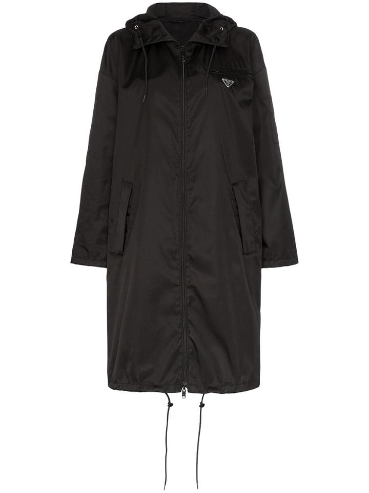 Prada Zip Up Mid-length Hooded Coat - Black