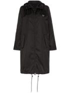 Prada Zip Up Mid-length Hooded Coat - Black