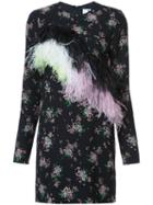 Msgm - Floral Print Feather Trim Dress - Women - Polyester - 38, Black, Polyester
