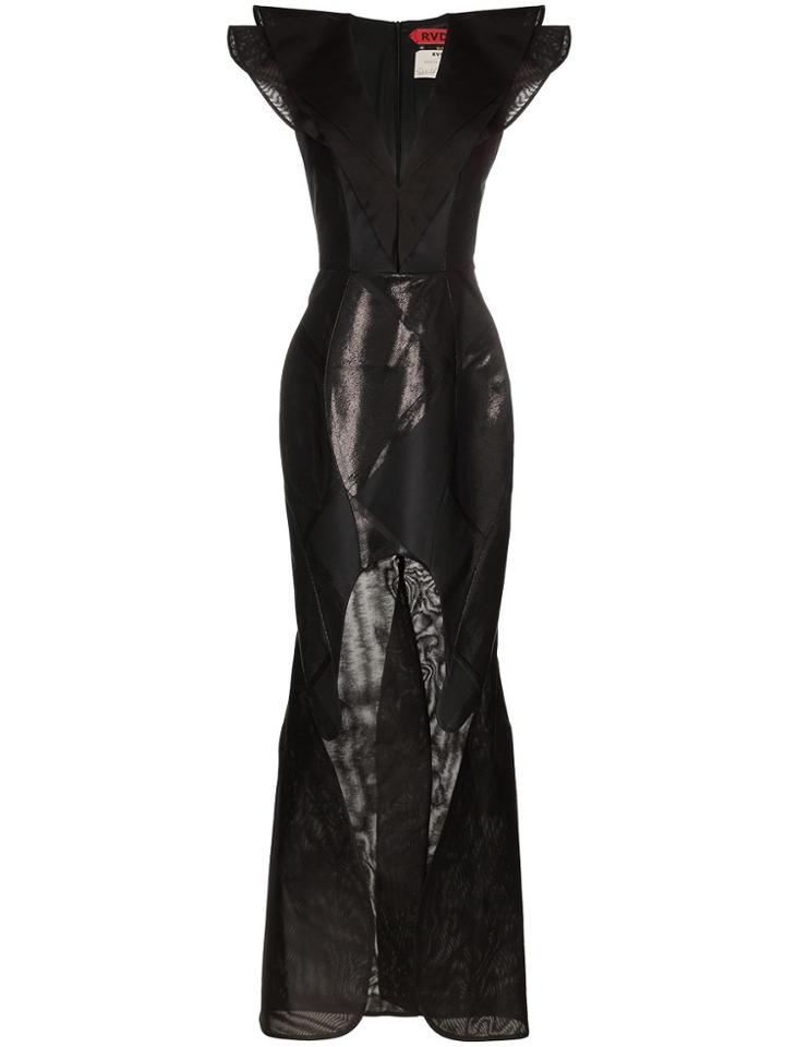 Ronald Van Der Kemp Sleeveless V-neck Ruffle Cutout Gown - Black