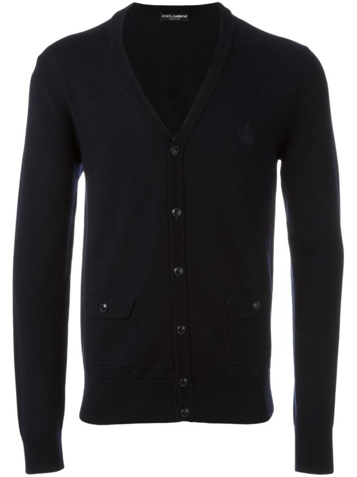 Dolce & Gabbana Embroidered Crown Cardigan, Men's, Size: 52, Blue, Virgin Wool