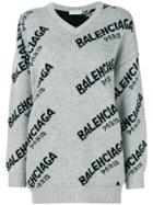 Balenciaga Jacquard Logo V Neck Sweater - Nude & Neutrals
