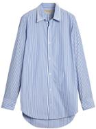 Burberry Embroidered Collar Striped Cotton Shirt - Blue