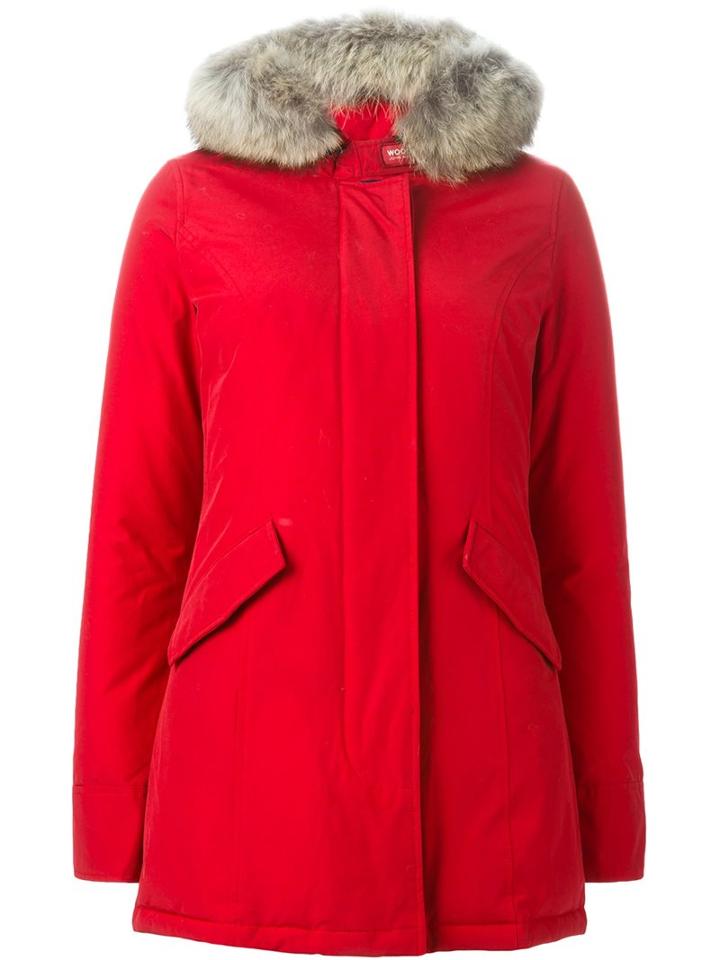 Woolrich Trimmed Hood Padded Parka, Women's, Size: Medium, Red, Cotton/feather Down/nylon/coyote Fur