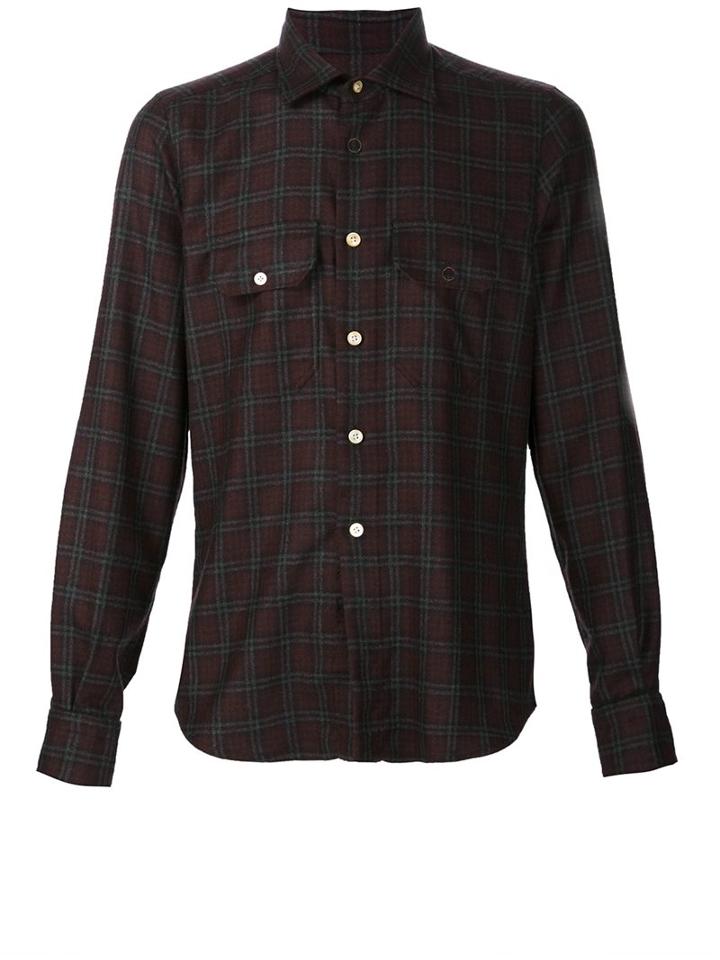 Kiton Plaid Button Down Shirt, Men's, Size: Xl, Red, Cashmere