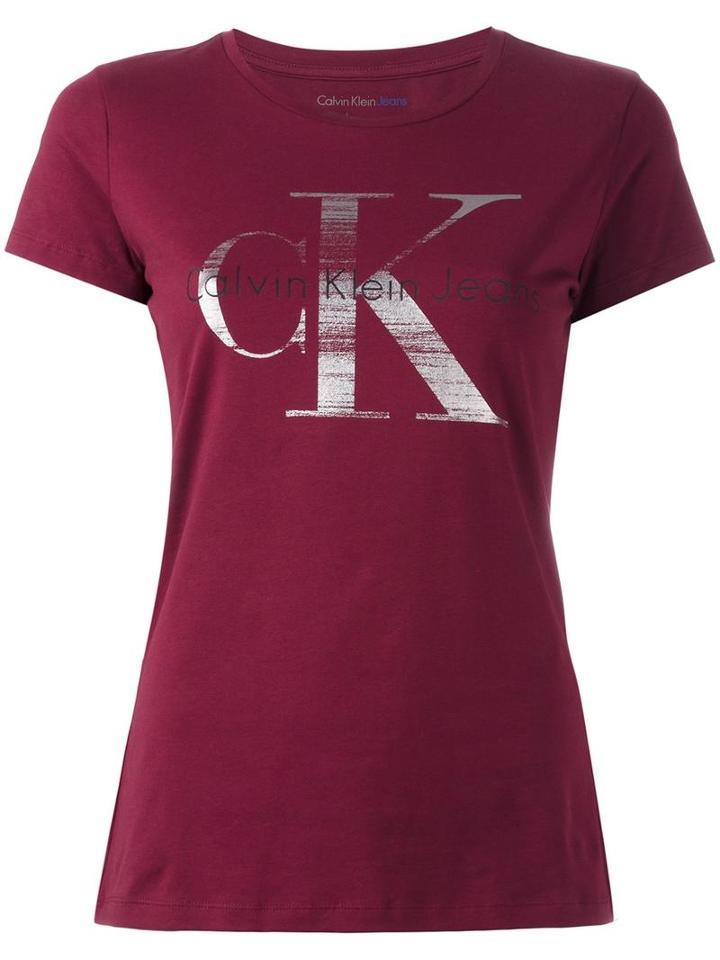 Calvin Klein Jeans Logo Print T-shirt, Women's, Size: Medium, Red, Cotton/spandex/elastane
