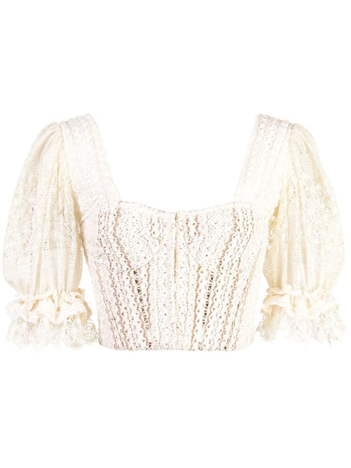 Jonathan Simkhai Mix Knit Lace Puff Sleeve Blouse - White