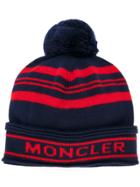 Moncler Striped Logo Bobble Hat - Blue