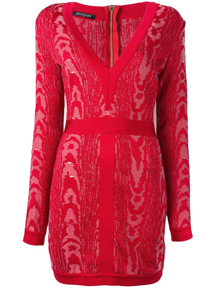 Balmain Moire Patterned Mini Dress - Red