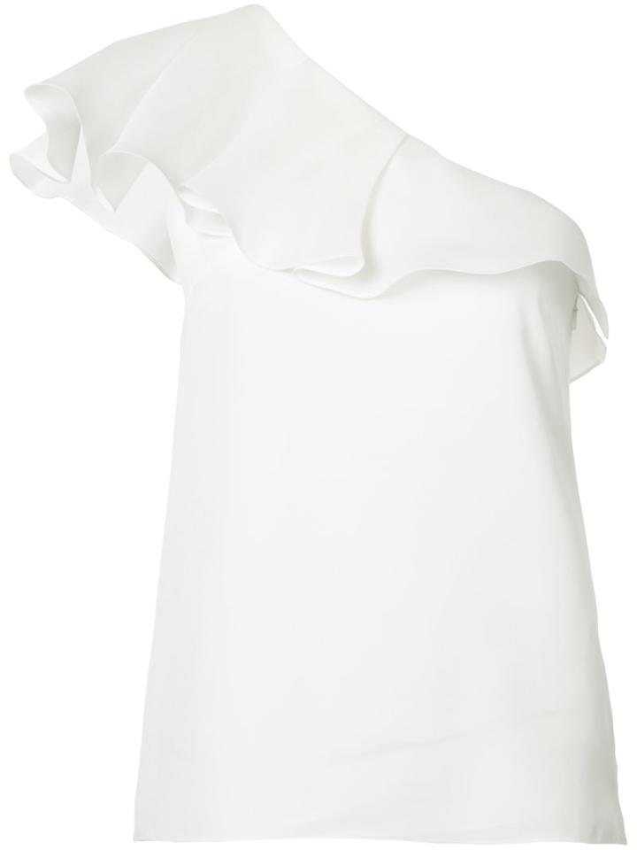 Badgley Mischka Single Ruffled Shoulders Blouse, Women's, Size: 4, White, Polyester/silk