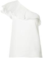Badgley Mischka Single Ruffled Shoulders Blouse, Women's, Size: 4, White, Polyester/silk