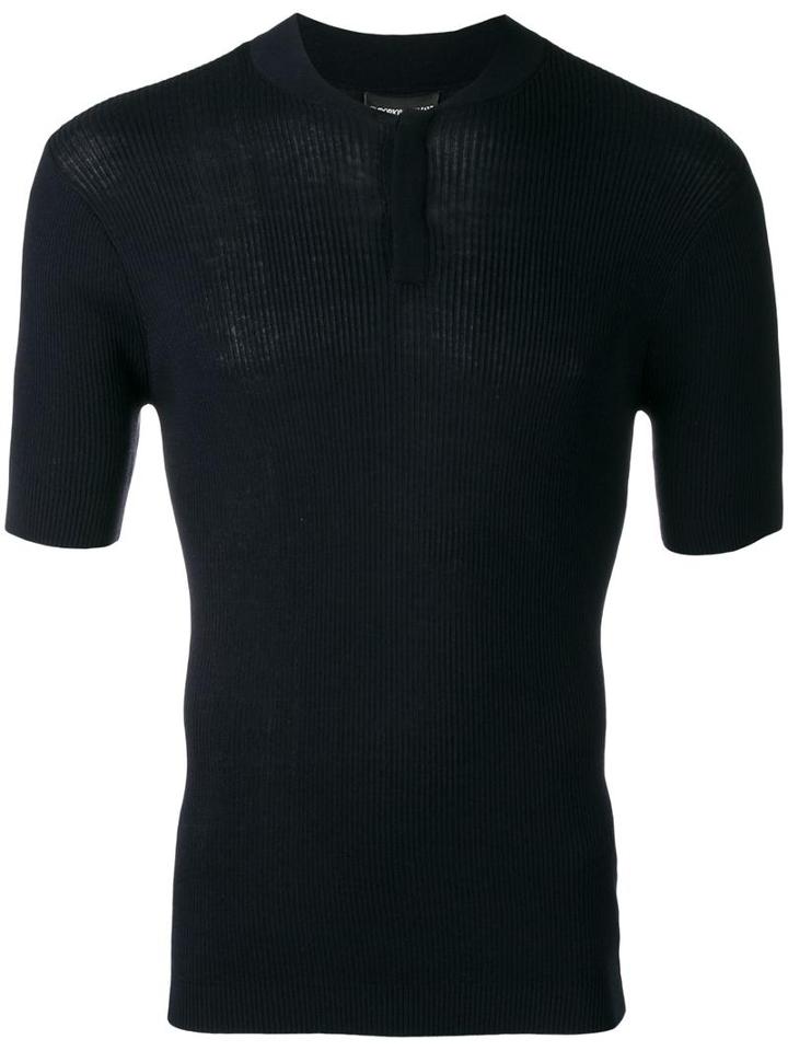 Emporio Armani Ribbed Henley T-shirt, Men's, Size: 52, Blue, Silk/cotton