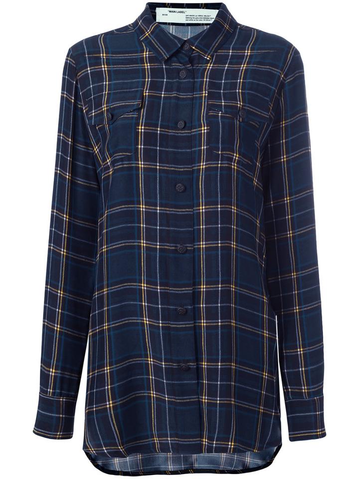 Off-white Plaid Shirt, Size: Small, Blue, Silk