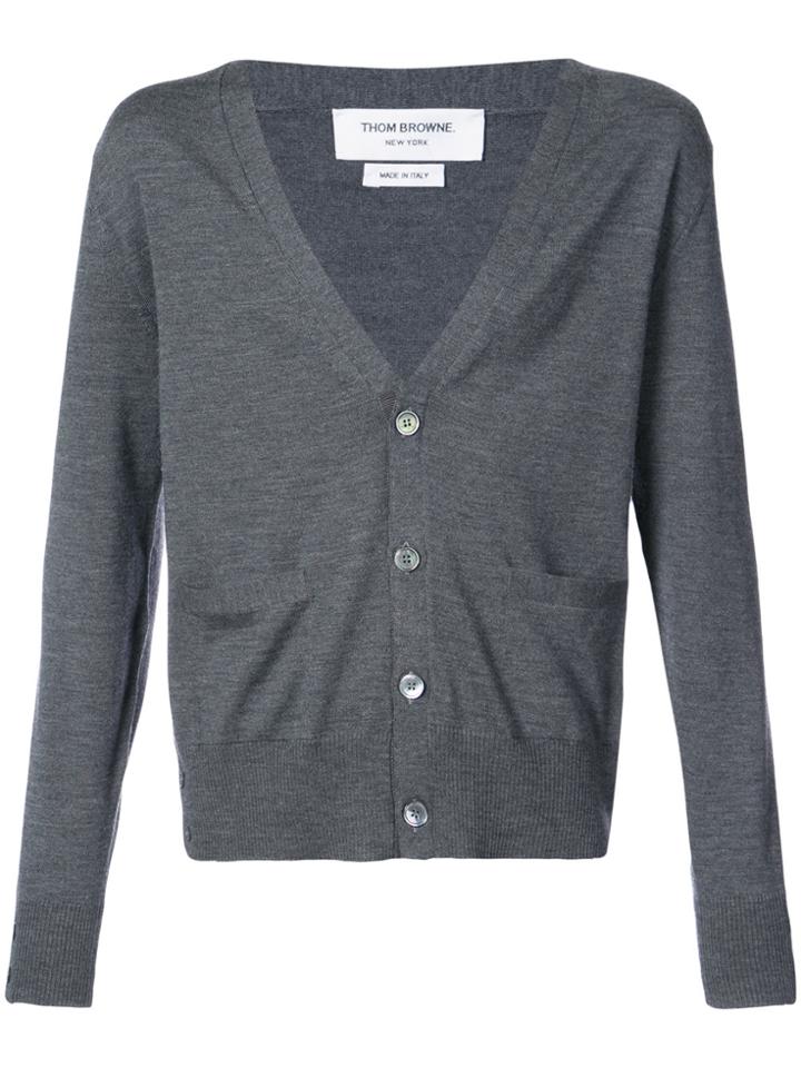 Thom Browne V-neck Cardigan In Medium Grey Mercerized Merino