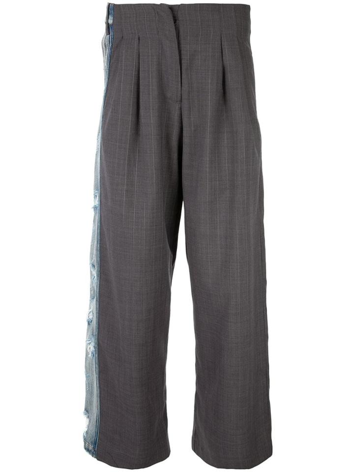 Indice Studio Distressed Denim Band Pinstripe Trousers - Grey
