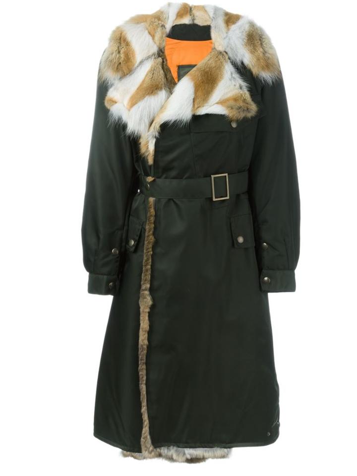 Mr & Mrs Italy Long Length Belted Coat, Women's, Size: 40, Green, Polyamide/polyurethane/rabbit Fur/coyote Fur