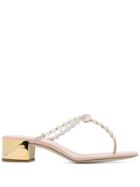 René Caovilla Block Heel Pearl Sandals - White