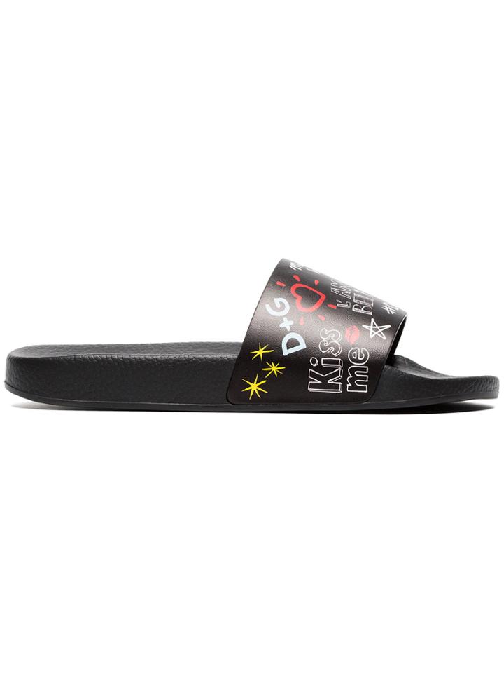 Dolce & Gabbana Black, Yellow And Red Graffti Leather Slides