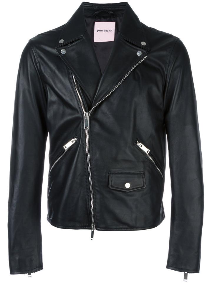 Palm Angels - 'leaf' Embroidery Biker Jacket - Men - Cotton/lamb Skin/viscose - 48, Black, Cotton/lamb Skin/viscose