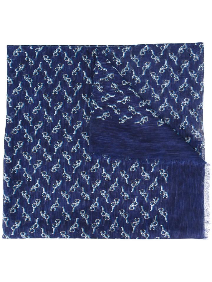 Canali Glasses Print Scarf, Men's, Blue, Cotton/linen/flax
