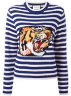 Gucci Striped Tiger Sweater, Size: Large, Blue, Wool
