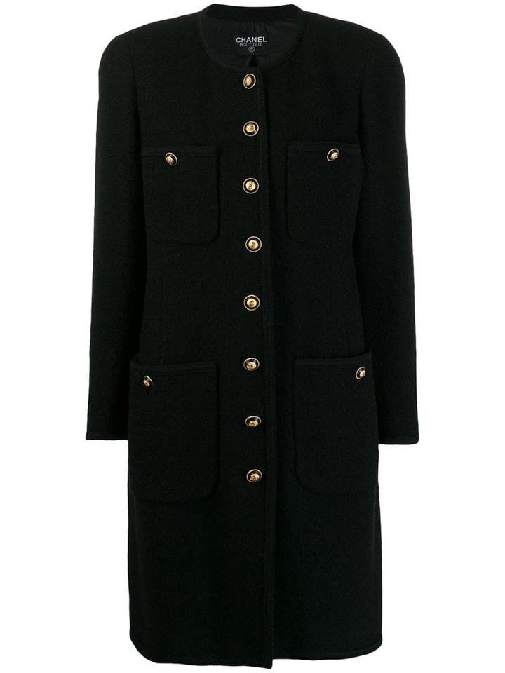 Chanel Pre-owned 1980's Collarless Midi Coat - Black