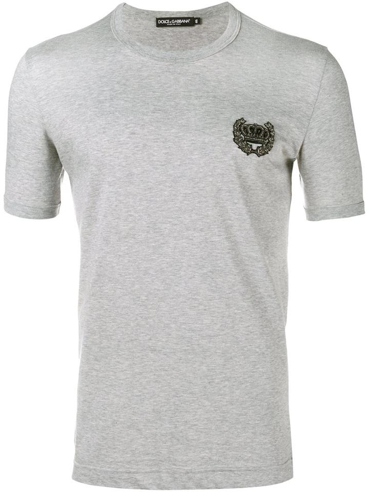 Dolce & Gabbana Embroidered Crown T-shirt, Men's, Size: 48, Grey, Cotton/polyester/metallic Fibre/copper