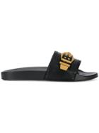 Versace Palazzo Buckle Top Leather Slides - Black