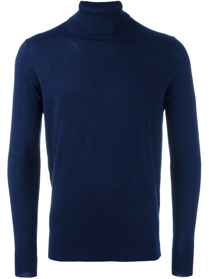 Closed Roll Neck Sweater, Men's, Size: Medium, Blue, Virgin Wool