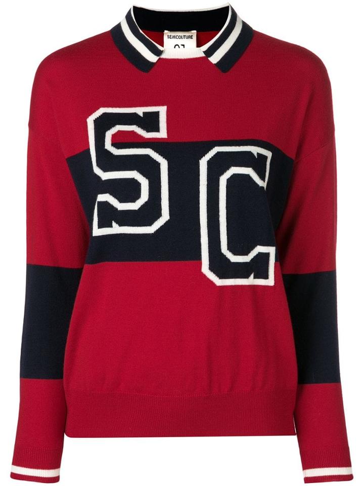 Semicouture Striped Collar Varsity Jumper - Red