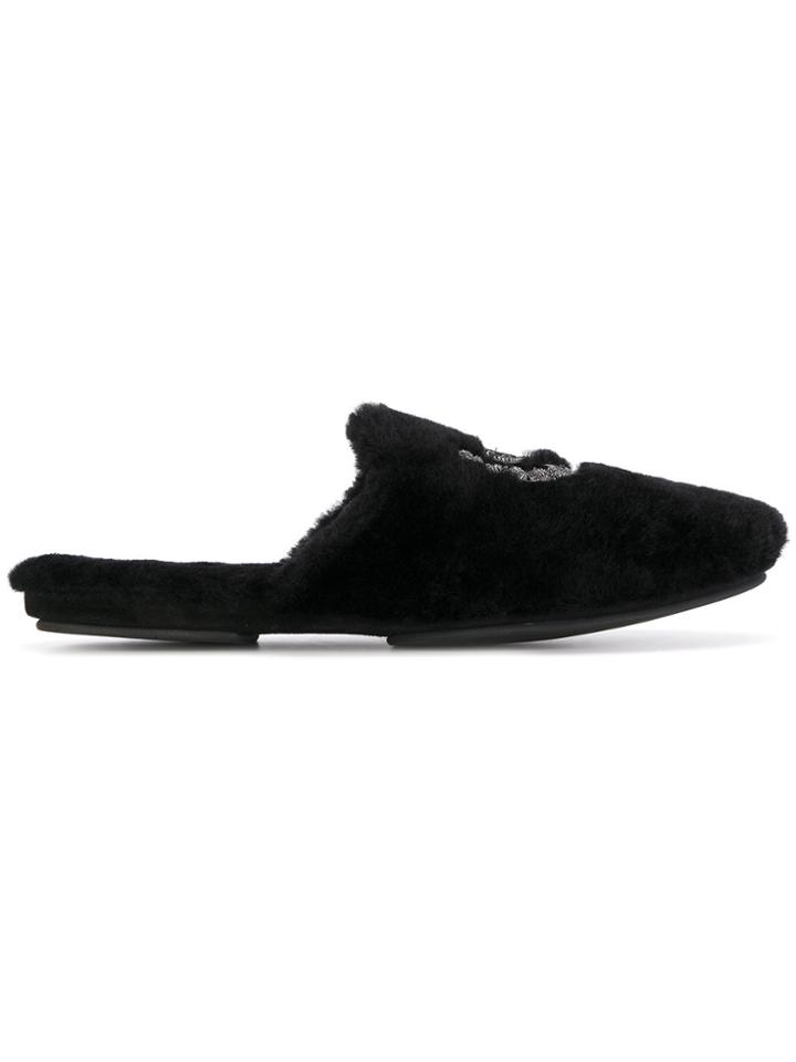 Dolce & Gabbana Crest Crown Furry Slippers - Black