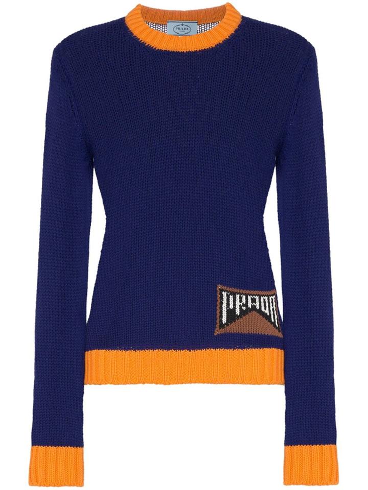 Prada Contrast Trim Logo Knitted Jumper - Blue