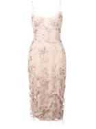Marchesa Notte Feather Embroidered Sleeveless Dress - Pink