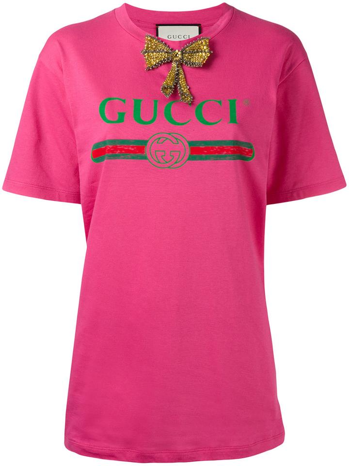 Gucci - Print T-shirt With Bow - Women - Cotton - S, Pink/purple, Cotton