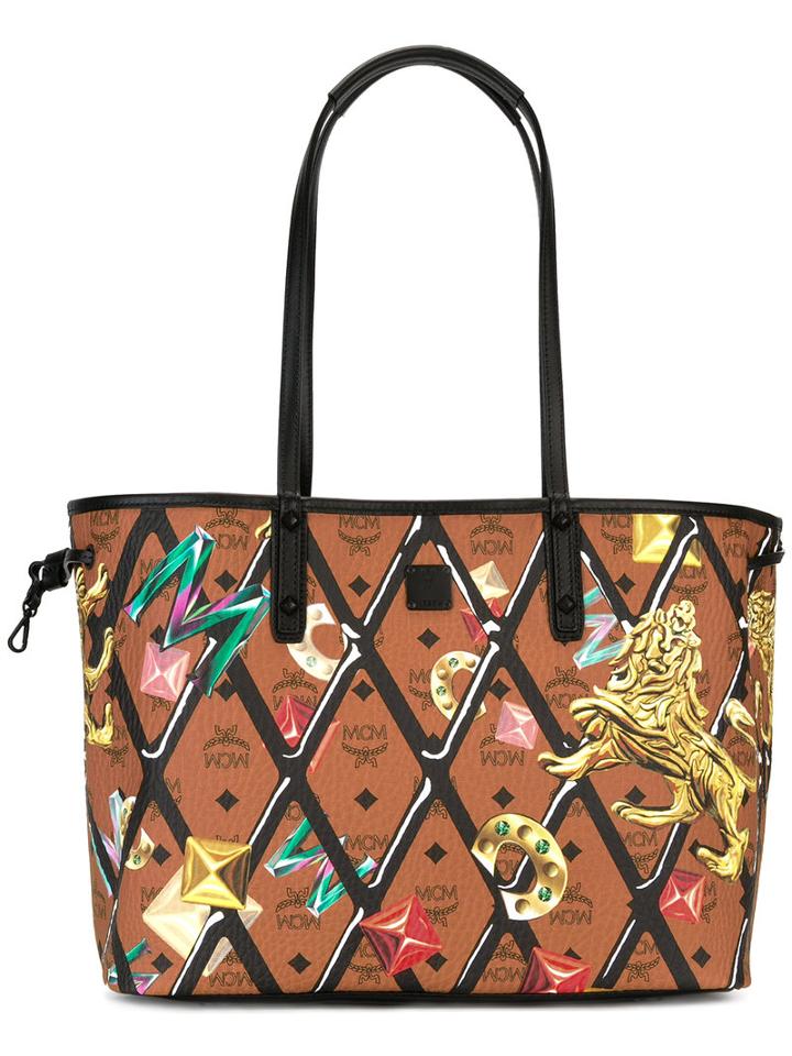 Mcm Logo Print Tote, Women's, Brown, Cotton/leather