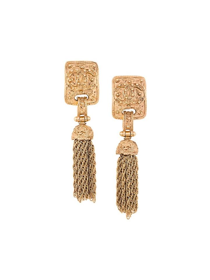 Chanel Vintage Square Plate Fringe Earrings