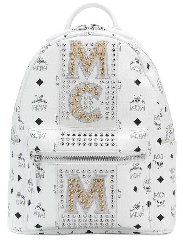Mcm Embellished Logo Backpack - White