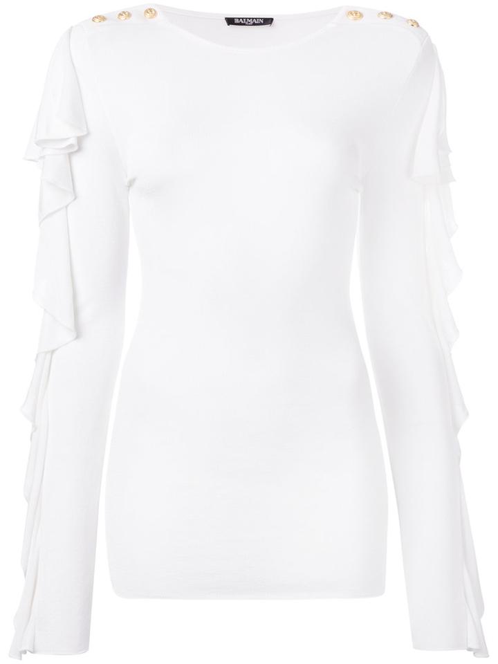 Balmain Ruffled Button Shoulder Blouse, Women's, Size: 36, White, Viscose