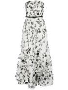 Marchesa Notte Floral Embroidered Strapless Gown - White