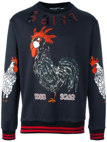 Dolce & Gabbana Salsa Rooster Sweatshirt, Men's, Size: 50, Black, Cotton/glass/viscose/polyester