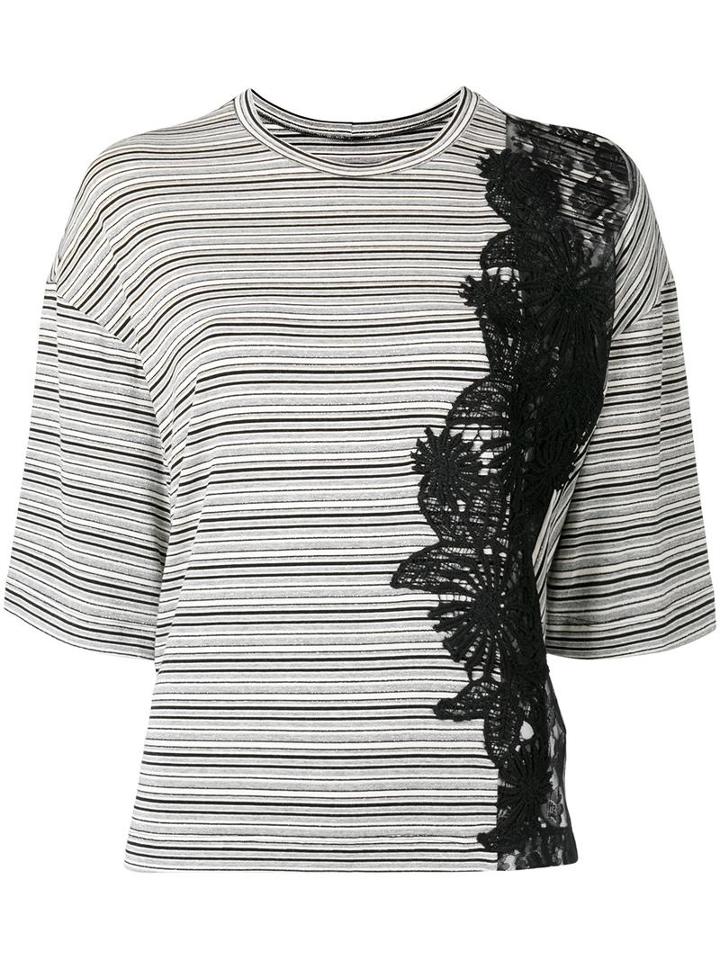 Antonio Marras Lace Detail Striped T-shirt, Women's, Size: 40, Black, Viscose/polyester/spandex/elastane/polyamide