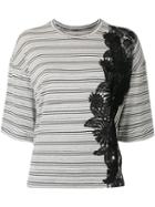 Antonio Marras Lace Detail Striped T-shirt, Women's, Size: 40, Black, Viscose/polyester/spandex/elastane/polyamide