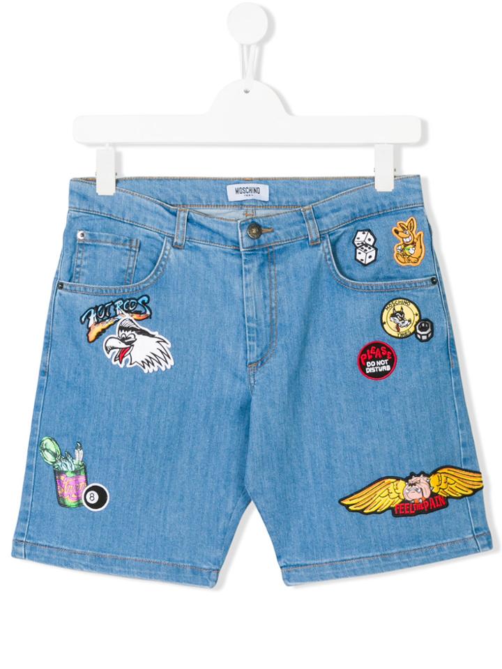 Moschino Kids Patch-work Denim Shorts - Blue