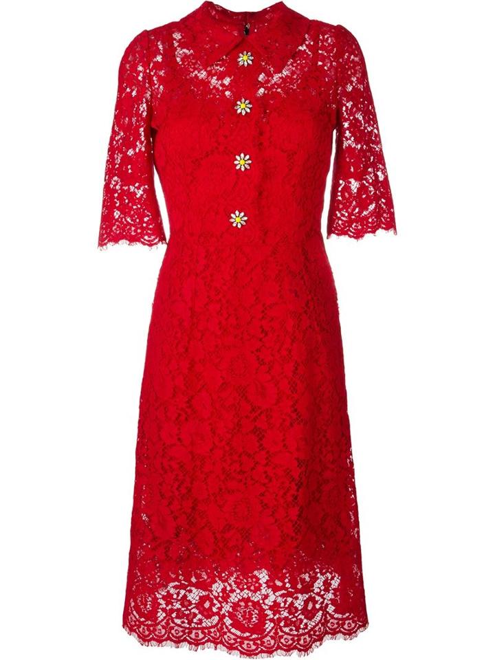 Dolce & Gabbana Floral Lace Midi Dress, Women's, Size: 44, Red, Polyamide/spandex/elastane/silk