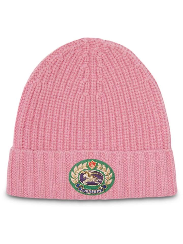 Burberry Embroidered Crest Rib Knit Wool Cashmere Beanie - Pink