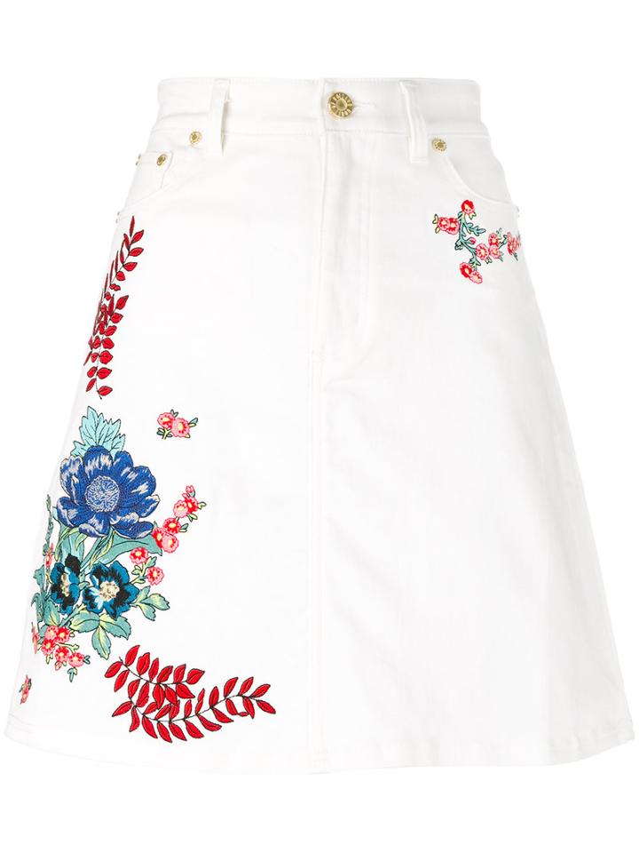 House Of Holland - Embroidered Denim Skirt - Women - Cotton/spandex/elastane - 12, White, Cotton/spandex/elastane