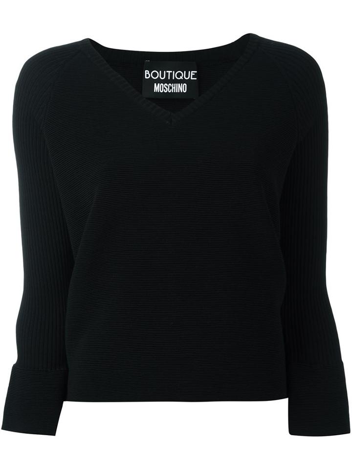 Boutique Moschino Ribbed V-neck Top, Women's, Size: 44, Black, Virgin Wool