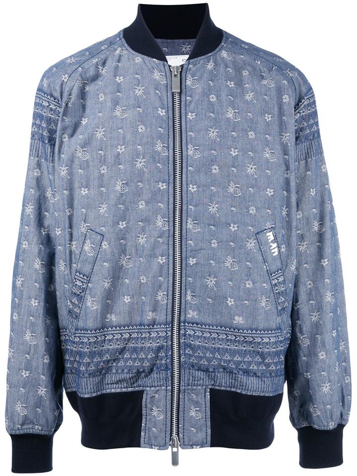 Sacai Aloha Printed Bomber Jacket, Men's, Size: 2, Blue, Cotton/cupro