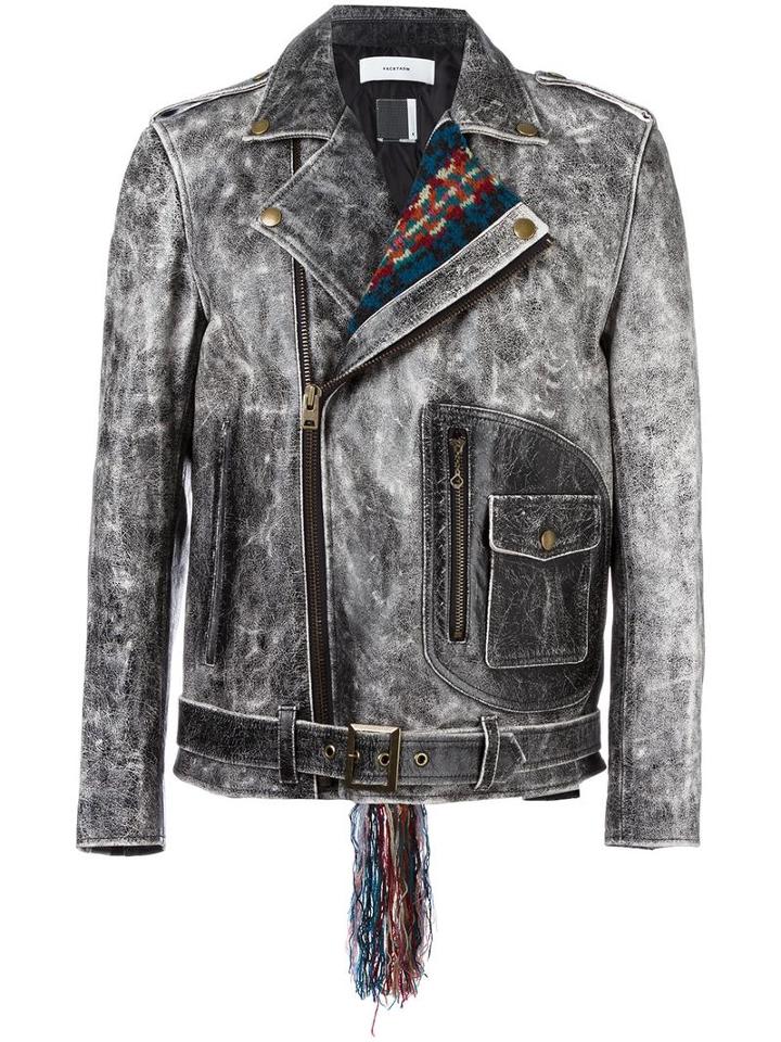 Facetasm Contrast Collar Biker Jacket, Men's, Size: Iv, Grey, Calf Leather/polyester